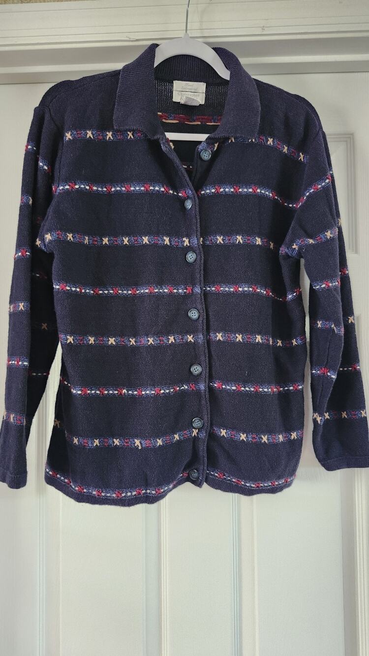 Vtg Christopher Banks Cardigan Women L Navy Blue Hand Embroidered Ramie #710